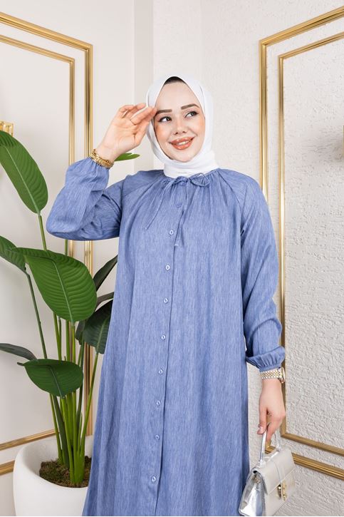 Kadın Kolu Lastikli Yaka Bağlama Detaylı Salaş Rahat Kalıp Boydan Düğmeli Uzun Tesettür Tunik-İndigo