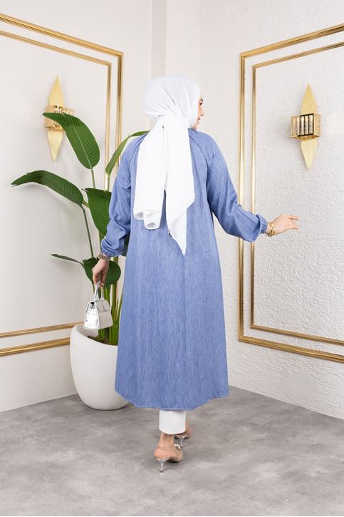 Kadın Kolu Lastikli Yaka Bağlama Detaylı Salaş Rahat Kalıp Boydan Düğmeli Uzun Tesettür Tunik-İndigo