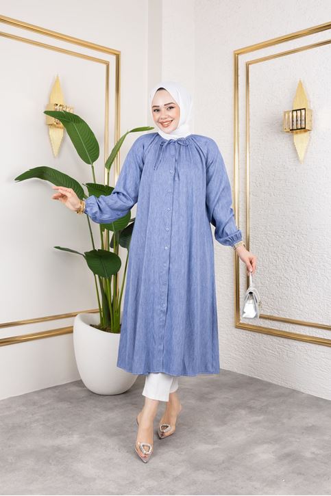 Kadın Kolu Lastikli Yaka Bağlama Detaylı Salaş Rahat Kalıp Boydan Düğmeli Uzun Tesettür Tunik-İndigo
