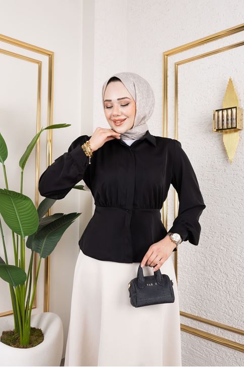 Bel Büzgülü Tunik-Siyah
