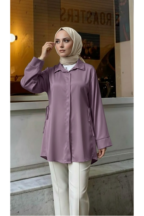 Yan Bağlamalı Saten Tunik-Gül Kurusu