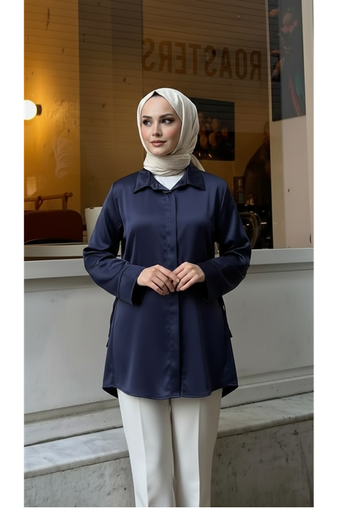 Yan Bağlamalı Saten Tunik-Lacivert