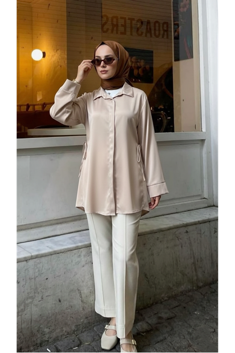 Yan Bağlamalı Saten Tunik-Taş