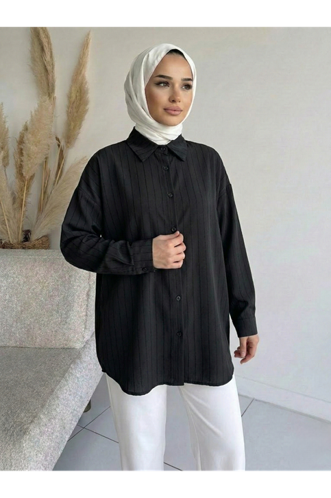 Kendinden Çizgili Tunik-Siyah