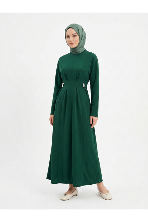Önü Pensli Kuşak Aksesuar Detay Elbise-Zümrüt Yeşili