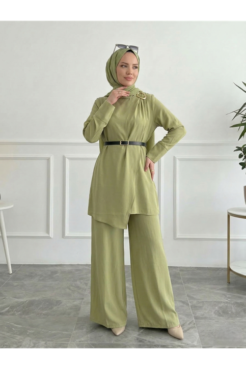 Omuz Aksesuar Pile DetayPantolonlu Takım-YAĞ YEŞİLİ