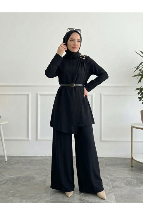 Omuz Aksesuar Pile DetayPantolonlu Takım-Siyah