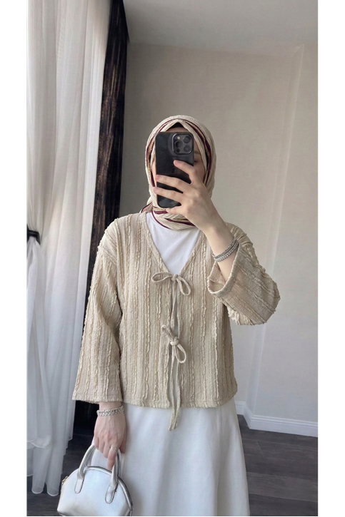 Pileli Ön İki Bağlamalı Tunik-Taş