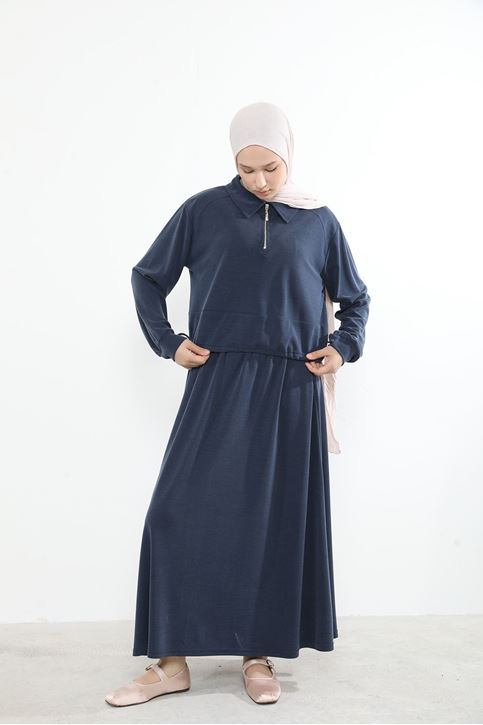 Yakalı Fermuar Detay Etekli Takım-Lacivert