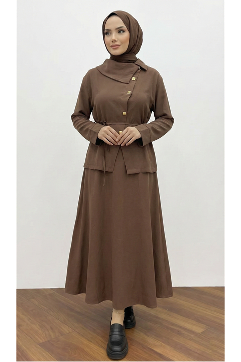 Çapraz Düğmeli Etekli Takım-Kahve