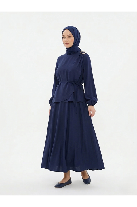 Omuz Aksesuar Pile Detay Etekli Takım-Lacivert