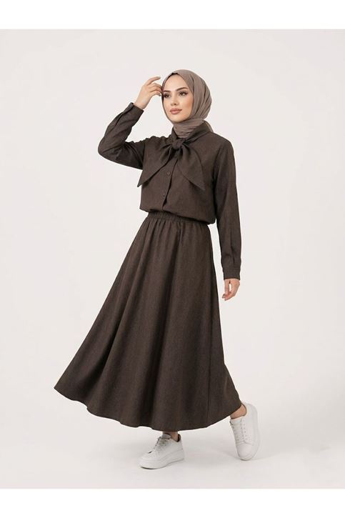 Yaka Detay Etekli Takım-Kahve
