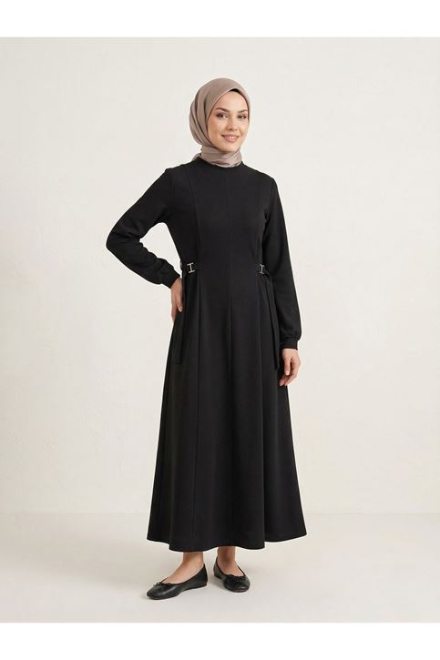 Kuşak Toka Detay Elbise-Siyah