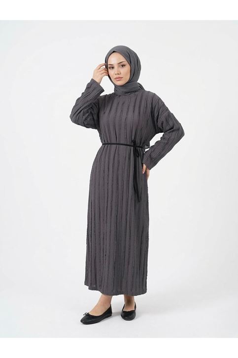 Pilise Dokulu Kemer Detay Elbise-Antrasit