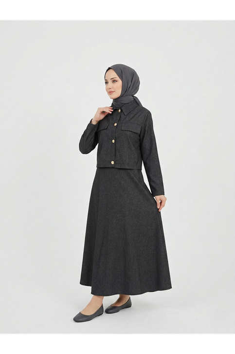 Ceket Düğme Detay İkili Elbise-Siyah