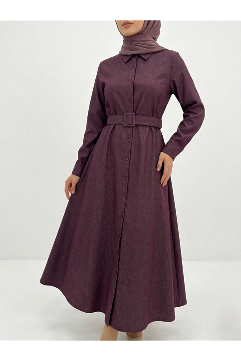 Kaplama Kemer Detay Patlı Elbise-Bordo