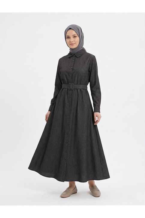 Kaplama Kemer Detay Patlı Elbise-Siyah