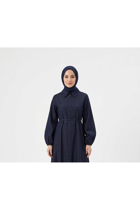 Yakalı Fermuar Detay Elbise-Lacivert