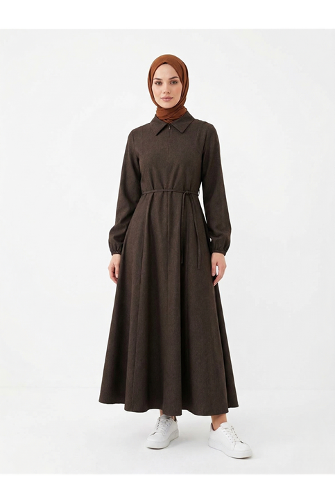 Yakalı Fermuar Detay Elbise-Kahve