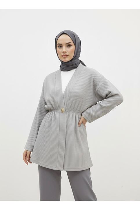 Düğme Detay Hırka-Gri