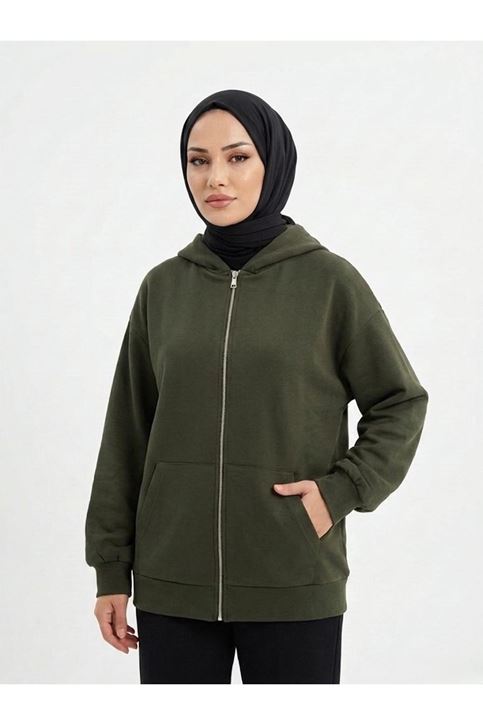 Kapşonlu Fermuarlı Hırka-Haki