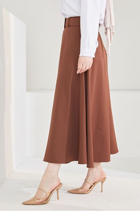 Kemerli Kloş Etek-Kahve