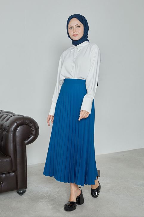 Kadın Soley Pilise Detaylı Yazlık Uzun Tesettür Etek-İndigo