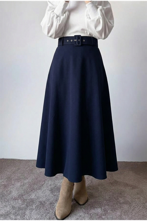 Kemerli Kloş Etek-Lacivert