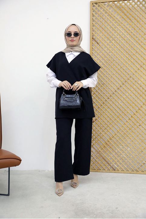 Yan Bağlamalı Yelekli DabılTakım-Siyah