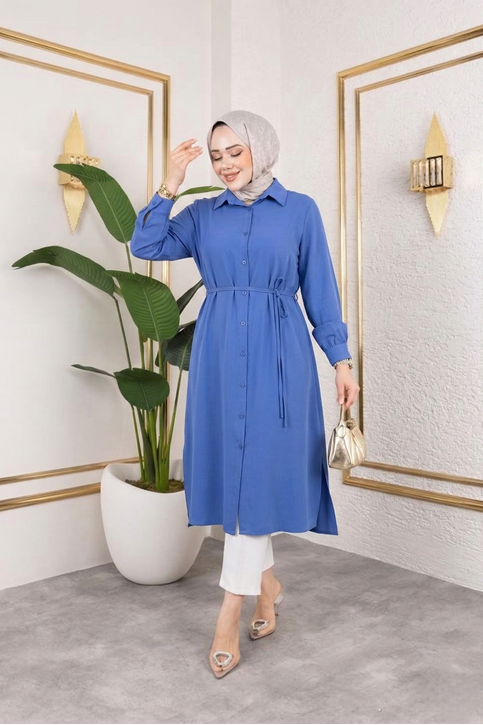 Kadın Yırtmaç Detaylı Kuşaklı Gömlek Yaka Boydan Düğmeli Uzıun Tesettür Tunik-İndigo