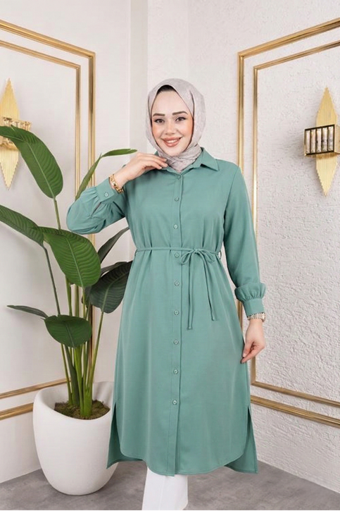 Kadın Yırtmaç Detaylı Kuşaklı Gömlek Yaka Boydan Düğmeli Uzıun Tesettür Tunik-Mint
