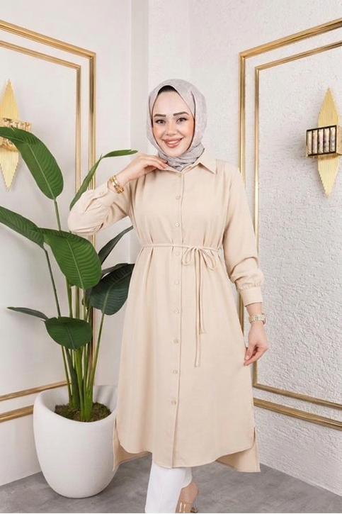 Kadın Yırtmaç Detaylı Kuşaklı Gömlek Yaka Boydan Düğmeli Uzıun Tesettür Tunik-Taş