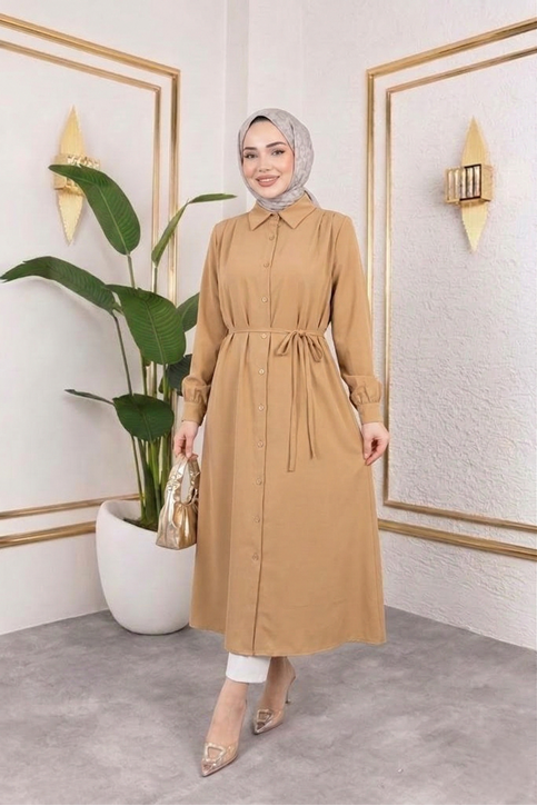 Arka Roba Omuz Pile Uzun Tunik-Karamel