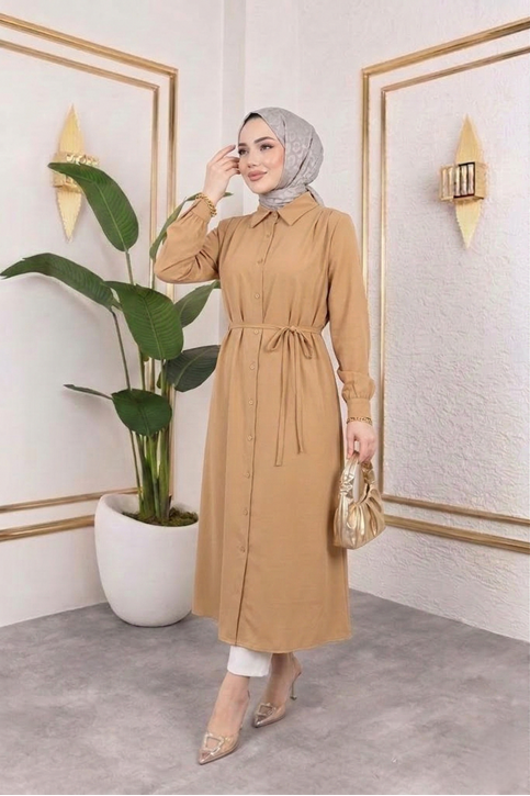 Arka Roba Omuz Pile Uzun Tunik-Karamel