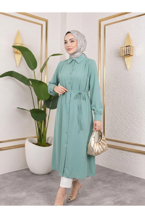 Arka Roba Omuz Pile Uzun Tunik-Mint