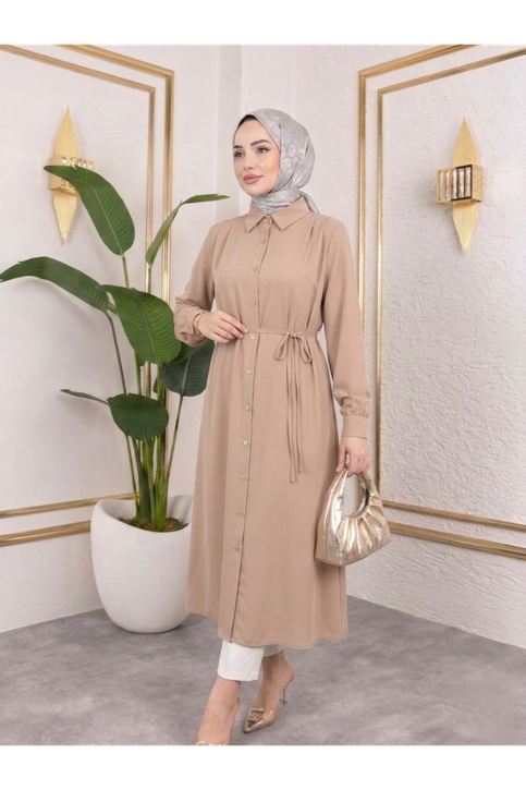 Arka Roba Omuz Pile Uzun Tunik-Pudra