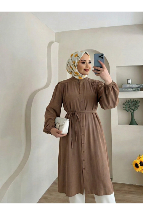 Hakim Yaka Omuz Büzgü Uzun Tunik-Kahve