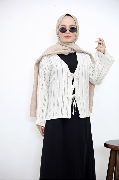 Pileli Ön İki Bağlamalı Tunik-Bej