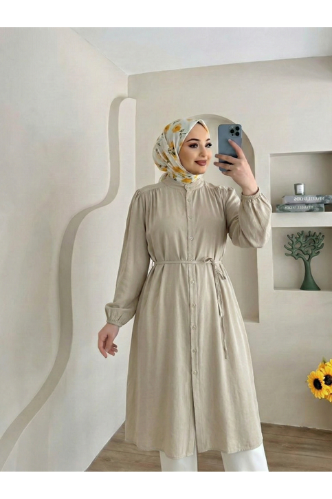 Hakim Yaka Omuz Büzgü Uzun Tunik-Taş