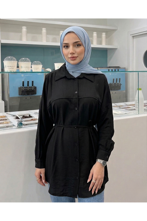 Ön Roba Detaylı Tunik-Siyah