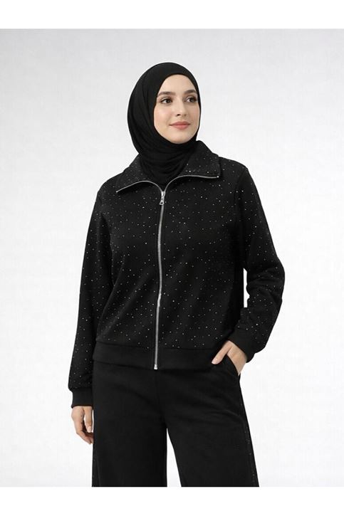 Fermuarlı Taş Detay Tunik-Siyah