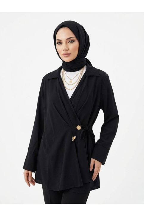 Çift Düğmeli Bağcıklı Tunik-Siyah