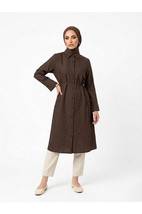 Biye Detay Uzun Tunik-Kahve