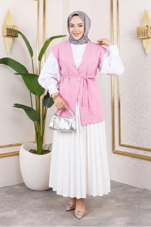 Tek Düğme Keten Yelek-Pembe