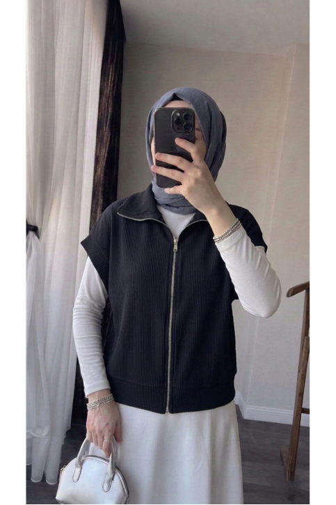 Fermuar Detay Yelek-Siyah