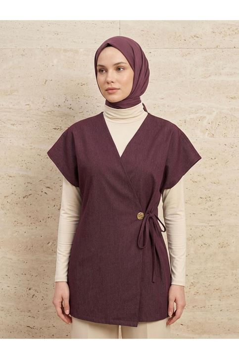 Yandan Bağlamalı Düğme Detay Yelek-Bordo