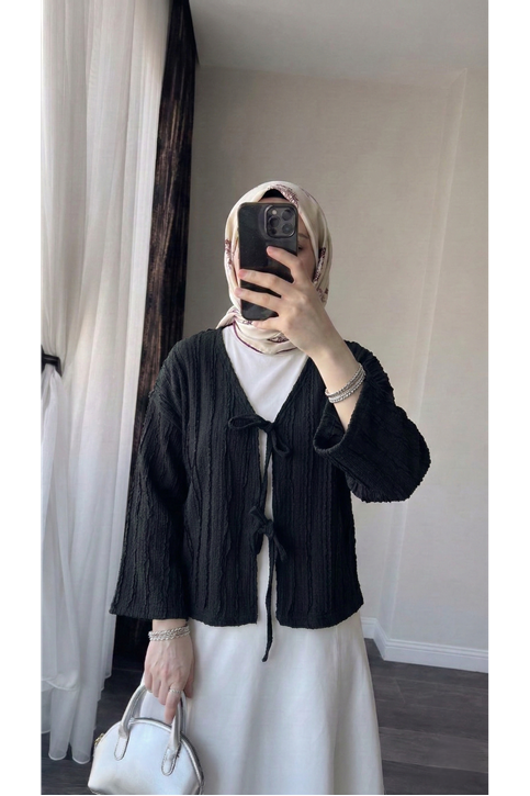 Pileli Ön İki Bağlamalı Tunik-Siyah