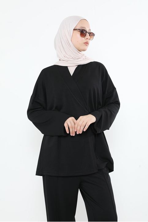 Ön Bağlamalı Tunik-Siyah