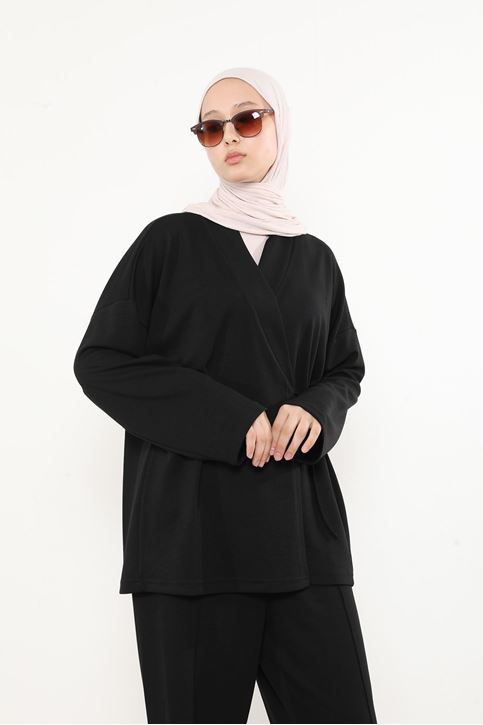Ön Bağlamalı Tunik-Siyah