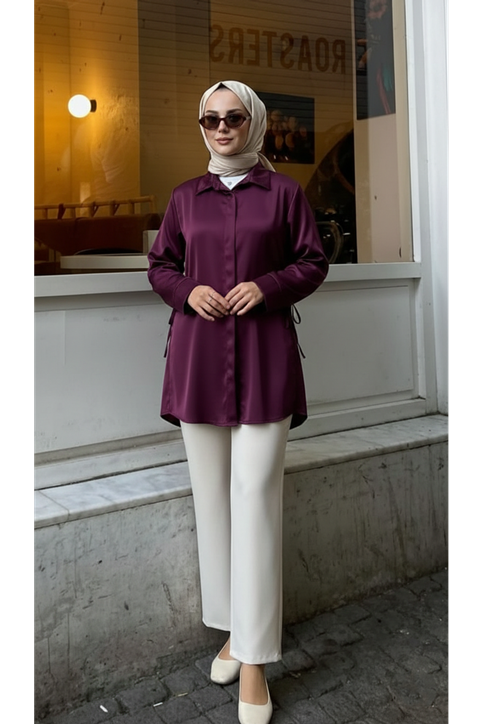 Yan Bağlamalı Saten Tunik-Mürdüm